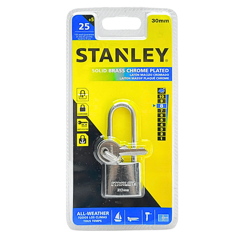 Ổ khóa càng dài STANLEY kích thước từ 30mm - 50mm, thân khóa bằng đồng thau phủ chrome bóng, càng khóa bằng thép cường lực.