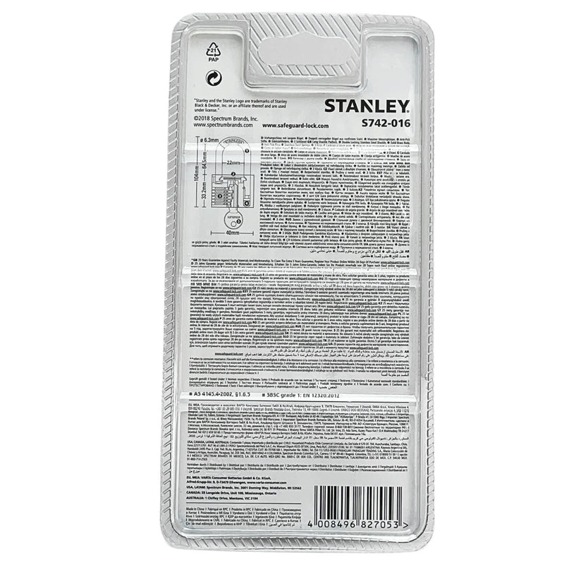 Ổ khóa càng dài STANLEY kích thước từ 30mm - 50mm, thân khóa bằng đồng thau phủ chrome bóng, càng khóa bằng thép cường lực.