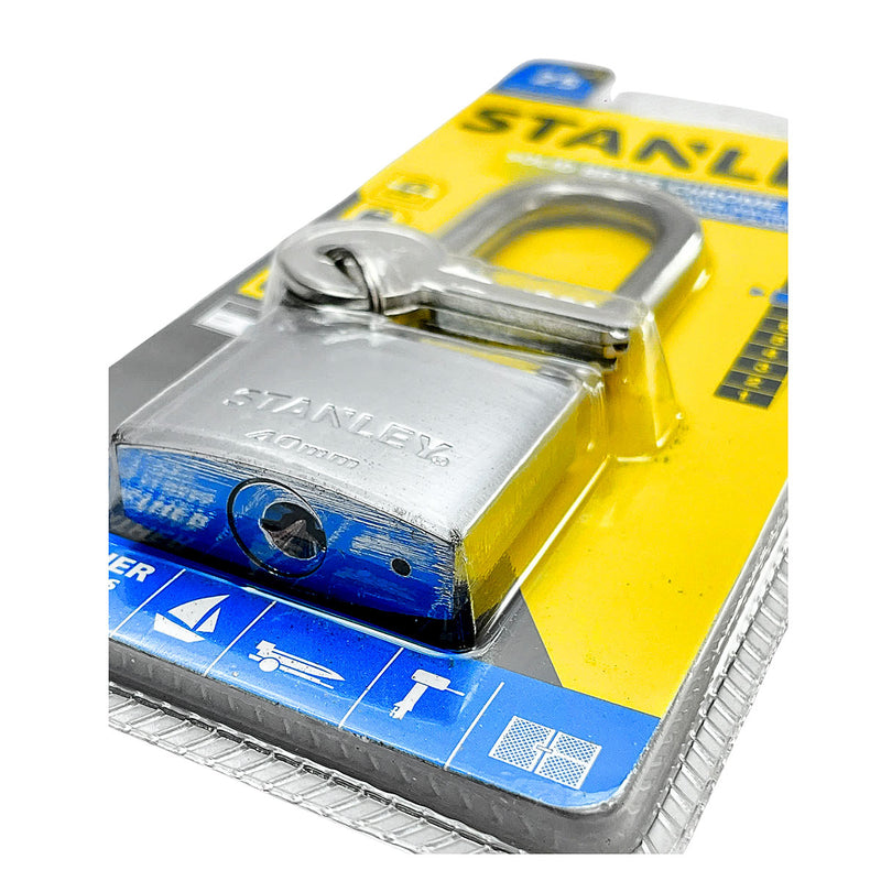 Ổ khóa càng dài STANLEY kích thước từ 30mm - 50mm, thân khóa bằng đồng thau phủ chrome bóng, càng khóa bằng thép cường lực.