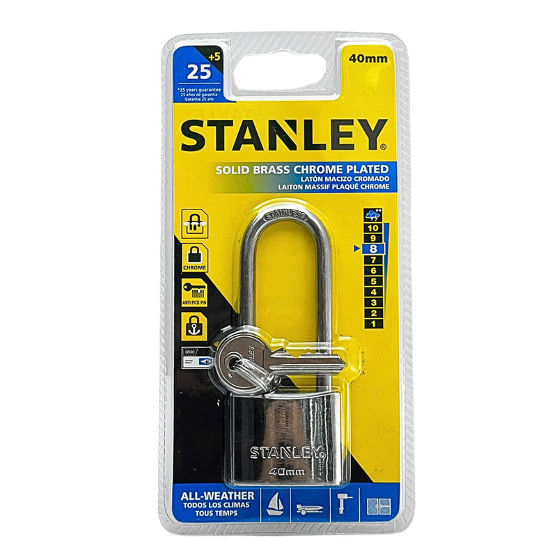 Ổ khóa càng dài STANLEY kích thước từ 30mm - 50mm, thân khóa bằng đồng thau phủ chrome bóng, càng khóa bằng thép cường lực.