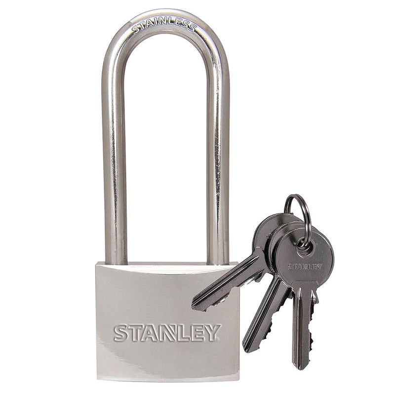 Ổ khóa càng dài STANLEY kích thước từ 30mm - 50mm, thân khóa bằng đồng thau phủ chrome bóng, càng khóa bằng thép cường lực.