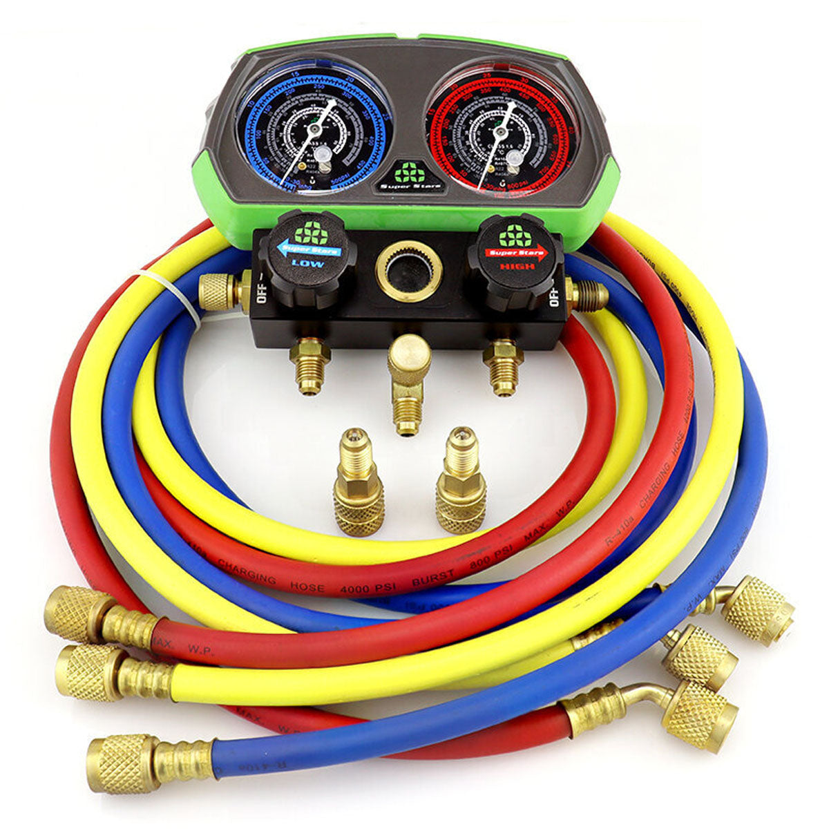 Đồng hồ áp suất Super Stars ST-B268 dùng để đo áp suất, nạp gas R22, R410A, R134A, R404A, R407C, R32 trong ngành lạnh