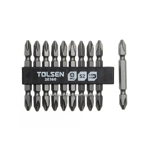 Bộ 10 đầu vít công nghiệp 2 đầu + PH2x65mm, có nam châm, thép S2, phủ Satin TOLSEN 20360