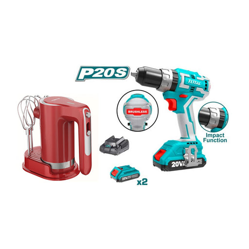 Bộ combo Máy trộn cầm tay KMMX006R dùng Pin và Máy khoan búa không chổi than dùng Pin Lithium-ion 20V TIDLI20608 TOTAL TOSLI23062
