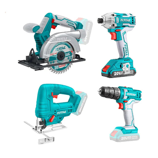 Bộ combo 4 Máy gồm cưa đĩa tròn, cưa lọng, Máy siết vít và Máy khoan dùng Pin 20V TOTAL TCKLI20104