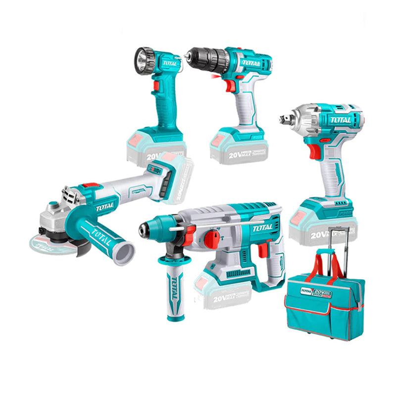 Bộ combo 5 Máy dùng Pin 20V siết vit TIWLI2038, khoan TDLI20051, mài góc TAGLI20107, đèn TWLI2023 và khoan động lực TRHLI20228 TOTAL TCKLI2018