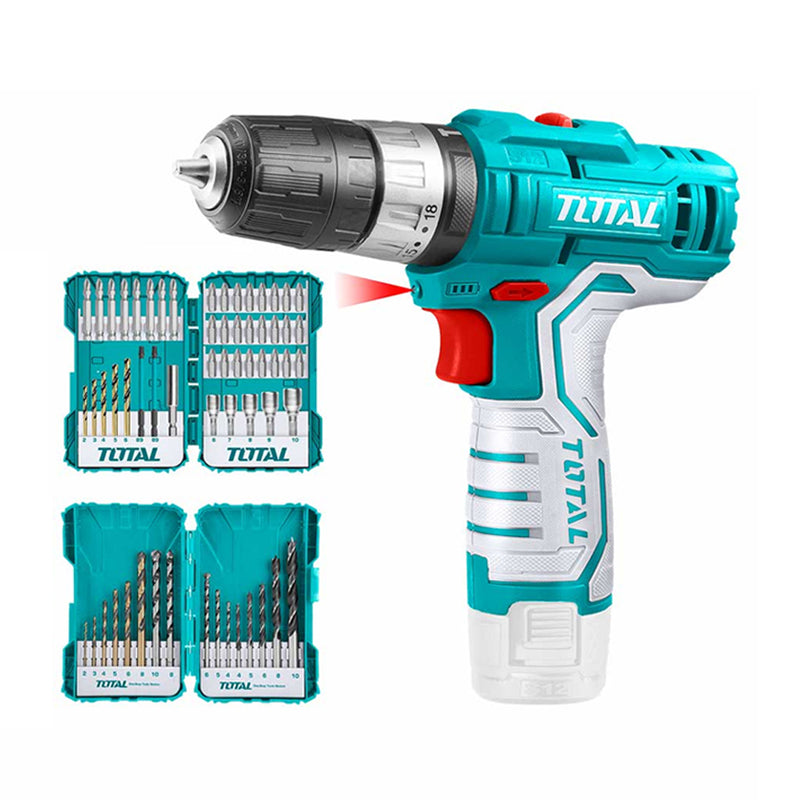 Bộ combo gồm Máy khoan Pin TIDLI12201 12V, 45 tua vít, 16 Mũi khoan TOTAL TOSLI23022