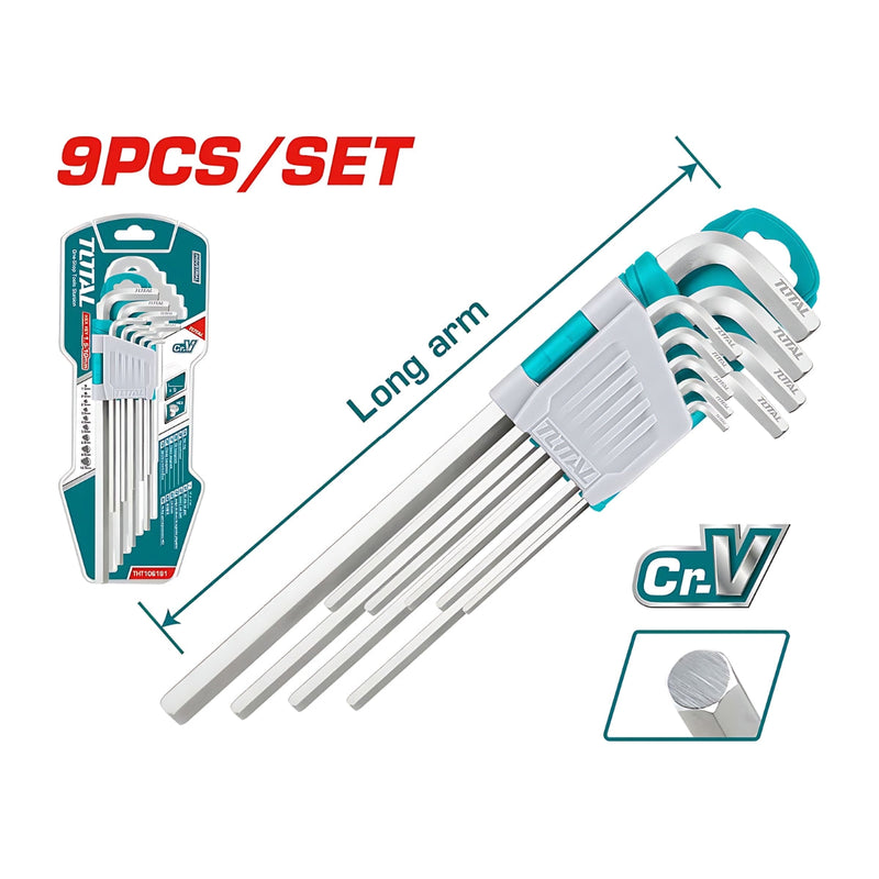 Bộ 9 chìa lục giác TOTAL, đường kính từ 1.5mm đến 10mm, chất liệu thép CrV