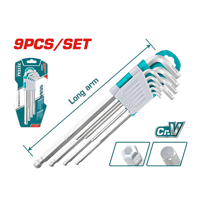 Bộ 9 chìa lục giác bi ngắn TOTAL THT106291, đường kính từ 1.5mm đến 10mm, chất liệu thép CrV