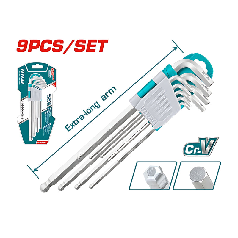 Bộ 9 chìa lục giác bi dài TOTAL THT106292, đường kính từ 1.5mm đến 10mm, chất liệu thép CrV
