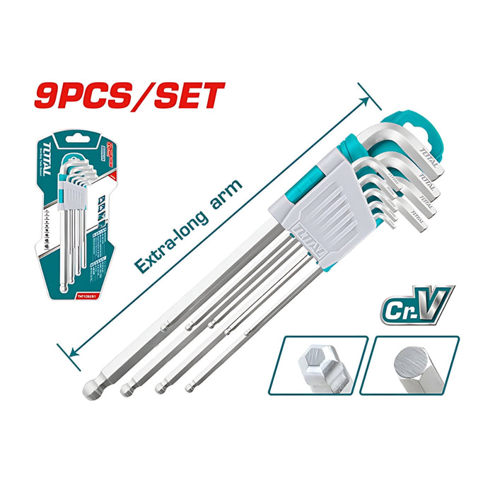 Bộ 9 chìa lục giác bi dài TOTAL THT106292, đường kính từ 1.5mm đến 10mm, chất liệu thép CrV