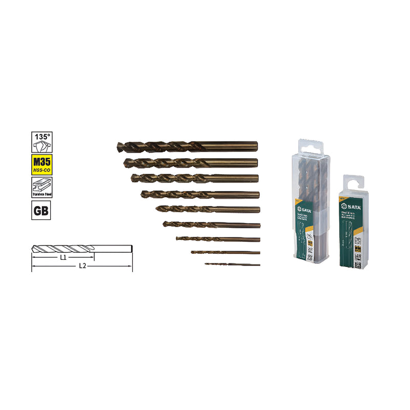 Stainless Steel Drill Bit Set, M35 Steel, 5% Cobalt Coated, Straight Shank SATA 