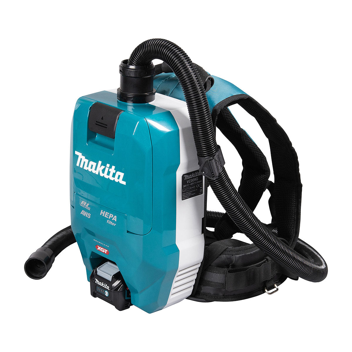 Máy hút bụi đeo vai Makita VC009G dùng Pin 40Vmax XGT, dung tích 2L lực hút 18 kPa, bộ lọc HEPA công nghệ AWS