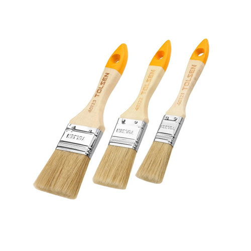 Bộ 3 cọ sơn 25 - 38 - 50mm TOLSEN 40144, cán gỗ, đầu cọ kim loại mạ Cr bộ các sợi lông trắng cứng và sợi PET