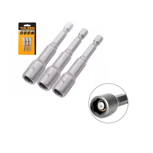 Bộ 3 đầu vít bắn tôn thép 40Cr từ tính mạnh, 8 - 14mm, đuôi lục giác 1/4", dài 65mm TOLSEN