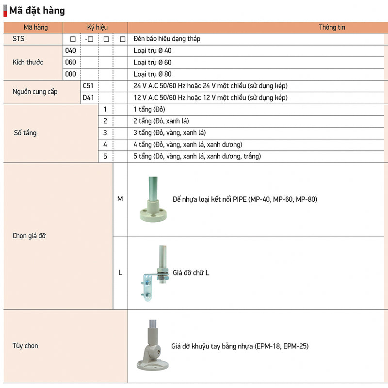 Đèn báo nhiều tầng dạng tháp Hanyoung Nux STS Series, kiểu đèn sáng liên tục. Tiêu chẩn CE, UL và IP54