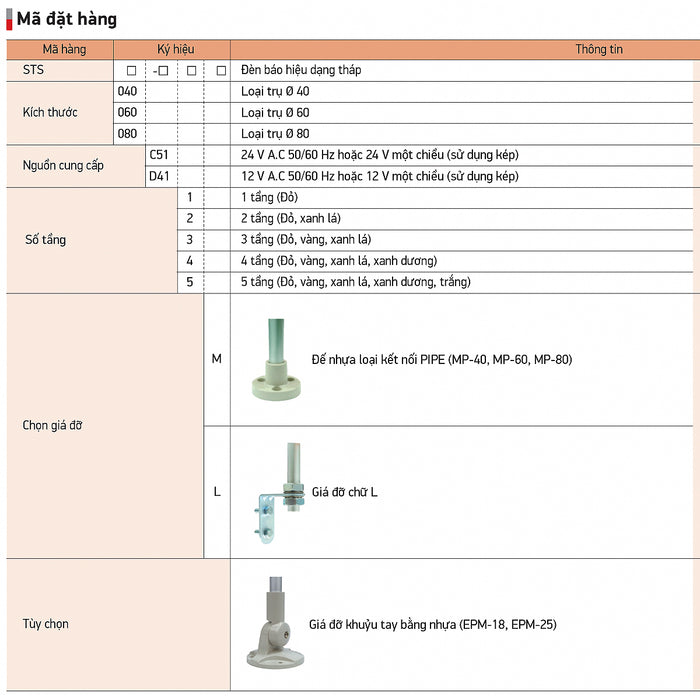 Đèn báo nhiều tầng dạng tháp Hanyoung Nux STS Series, kiểu đèn sáng liên tục. Tiêu chẩn CE, UL và IP54