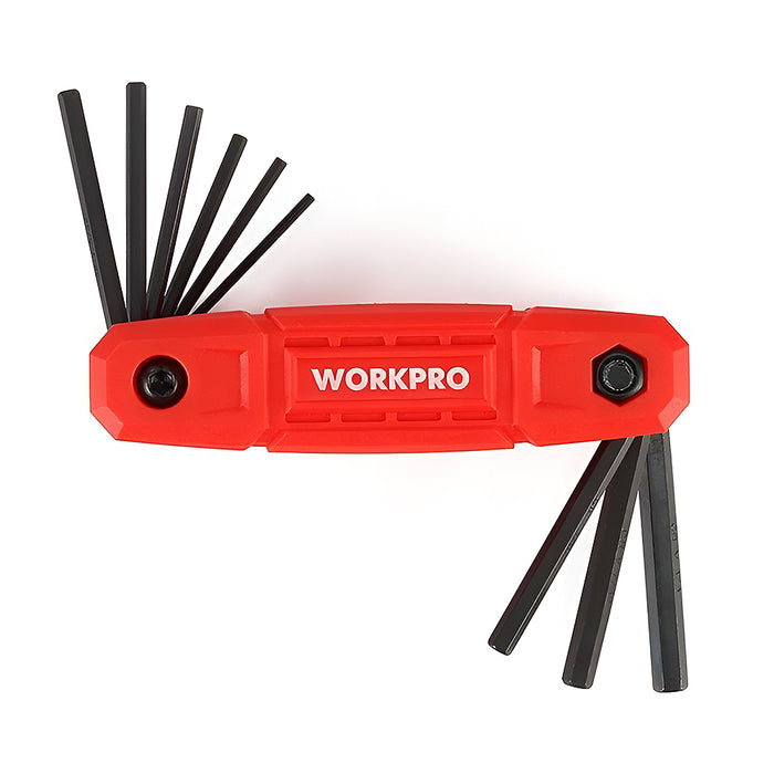 Bộ 9 cây lục giác gấp gọn đầu thẳng, hệ inch, thép CR-V Workpro WP222032