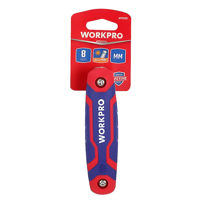 Bộ 8 cây lục giác đầu bi gấp gọn, hệ mét, thép CR-V Workpro WP222020