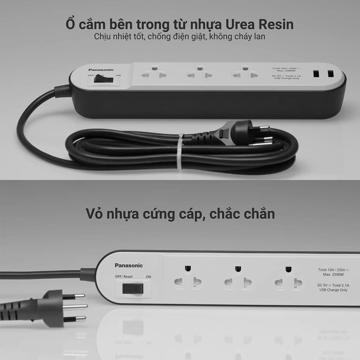 Ổ cắm điện Panasonic 3 cổng tích hợp 2 cổng sạc USB, công suất 2300W, dây dài 3m WCHG 243322W-VN (màu trắng)