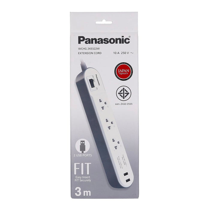 Ổ cắm điện Panasonic 3 cổng tích hợp 2 cổng sạc USB, công suất 2300W, dây dài 3m WCHG 243322W-VN (màu trắng)