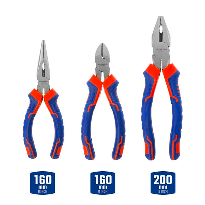 Bộ kìm 3 món gồm (kìm răng, kìm cắt, kìm nhọn) 6 inch và 8 inch Workpro WP201007