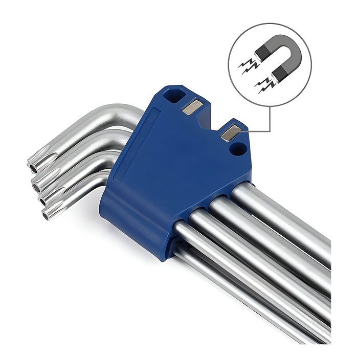 Bộ 9 cây lục giác đầu sao, kiếu chữ L, loại siêu dài, vật liệu bằng thép S2 rèn nhiệt độ cao mạ chrome chống gỉ có khả năng nhiễm từ tính Workpro WP222036