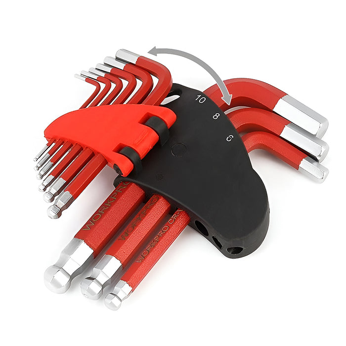 Bộ 9 cây lục giác đầu bi kiểu L, hệ mét, loại dài, thép CR-V mạ chống gỉ và phủ bột chống trượt Workpro WP222011