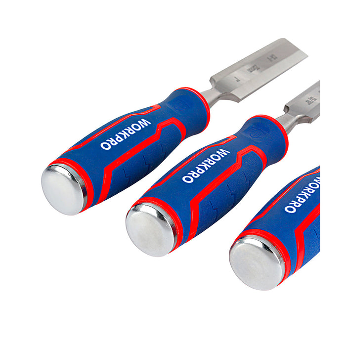 Bộ 3 cây đục gỗ 12mm, 20mm, 25mm, lưỡi đục bằng thép CR-V, cán bọc nhựa chống trượt Workpro WP201301