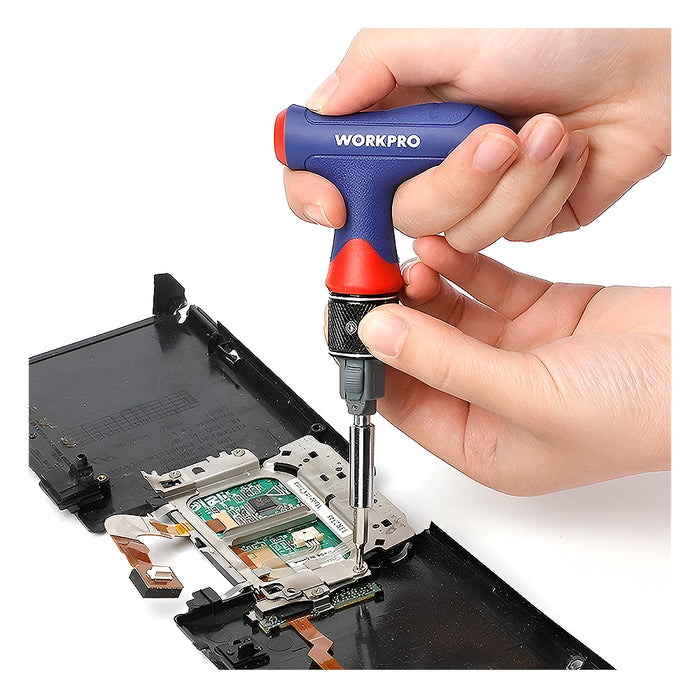 Bộ tua vít tổng hợp tay cầm chữ T, bánh cóc tự động Workpro W021408, kết hợp 21 đâu vít (mã mới WP221054)