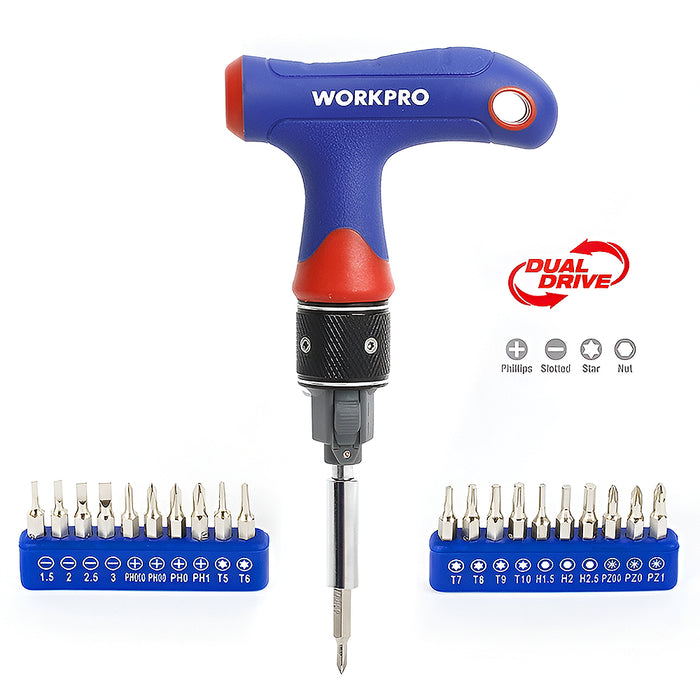 Bộ tua vít tổng hợp tay cầm chữ T, bánh cóc tự động Workpro W021408, kết hợp 21 đâu vít (mã mới WP221054)