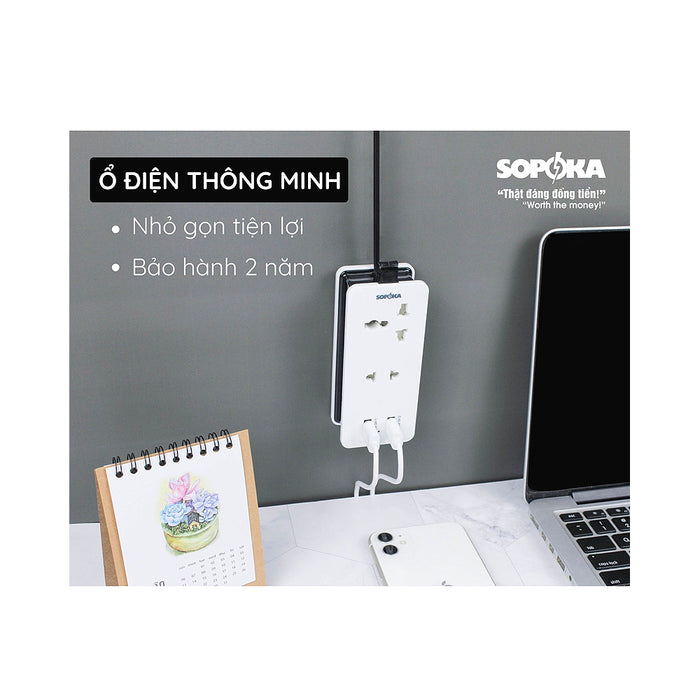 Bộ chia nguồn1-2 tích hợp 2 ổ cắm và 2 cổng sạc điện thoại, có dây nối dài 1.5m USB SOPOKA Q2U