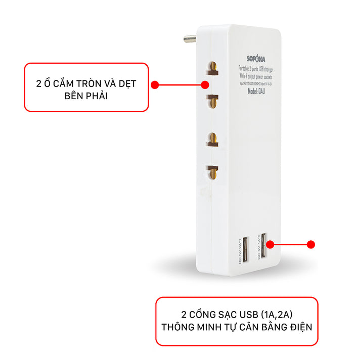 Bộ chia nguồn1-4 tích hợp 4 ổ cắm và 2 cổng sạc điện thoại USB SOPOKA Q4U