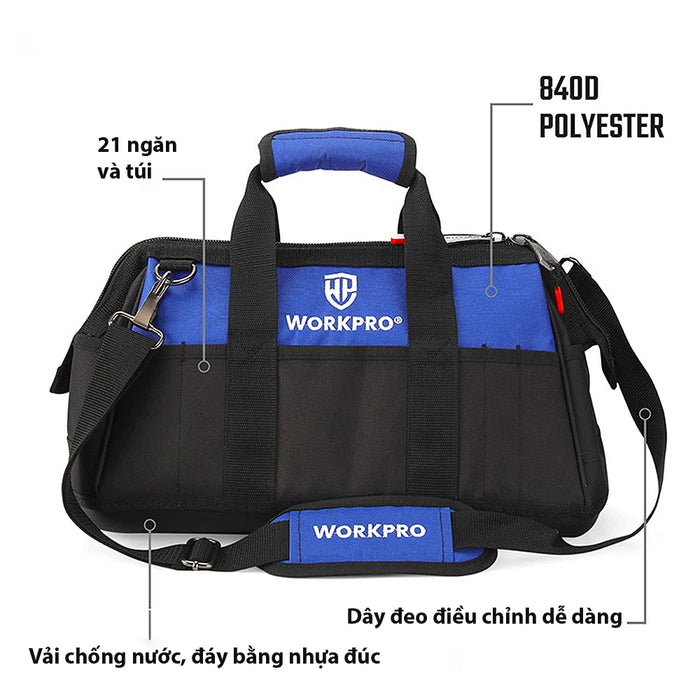 Túi đựng dụng cụ bằng vải bố dày 840D, đáy túi bằng nhựa chống nước, 21 ngăn phụ Workpro