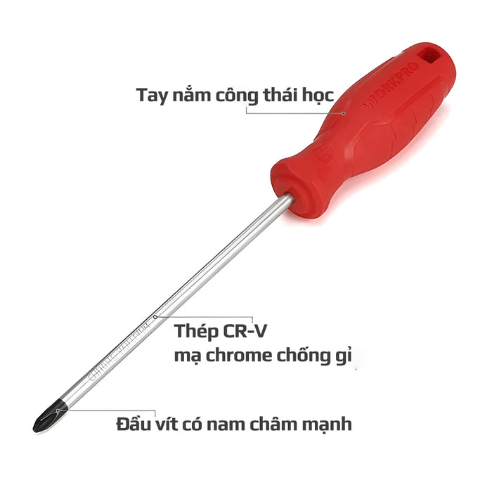 Bộ 2 cây tua vít (1 cái đầu dẹp, 1 cái đầu bake ) , thép hợp kim CR-V, có nam châm, mạ chrome chống gỉ Workpro WP200500