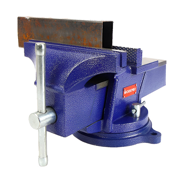 Ê tô bàn có khớp xoay 360 độ, vật liệu bằng thép carbon cứng Workpro (hardened carbon steel bench vise with swivel base)