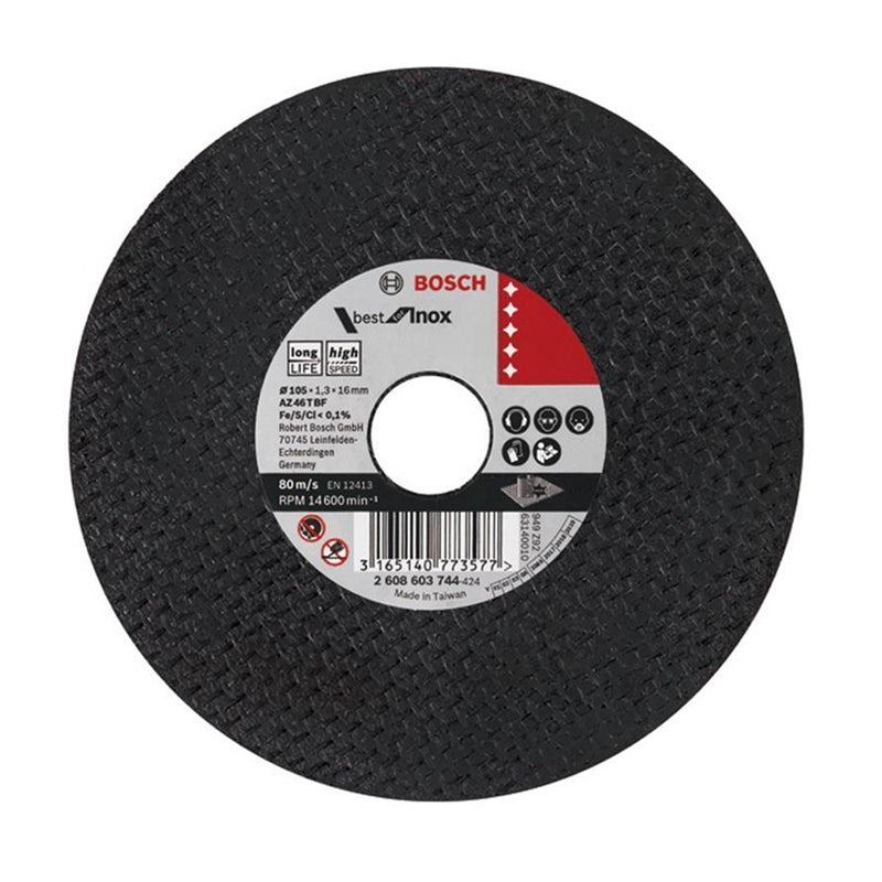 Đá cắt Inox Bosch 2608603744 đường kính 105mm, lỗ cốt 16mm, dày 1.3mm (Dòng Best)