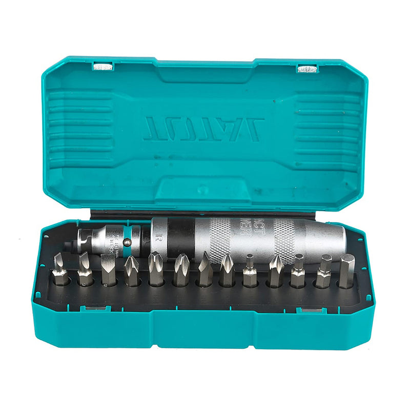 Bộ 13 đầu siết tác động gồm: 1 đầu siết tác động, 1 bộ chuyển đổi 1/2 "-5/16", 13 tua vít : SL5 、 SL6 、 SL8 、 SL9 、 PH1 、 PH2 * 2 、 PH3 、 PH4 、 H4 、 H5 、 H6 、 H8, Mũi tua vít : Mạ niken. Chất liệu : Cr-V, xử lý nhiệt. Đóng gói bằng hộp nhựa