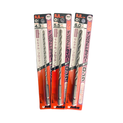 Mũi khoan tường gạch Unika RJ-Type, đuôi lục giác 6.35mm, loại dài 150mm, số từ 3.4mm - 6.5mm (Mã RJL)