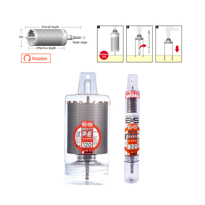 Mũi khoan rút lõi kim cương khô UNIKA E&S DC Type, đuôi gài SDS 25.0mm - 170mm